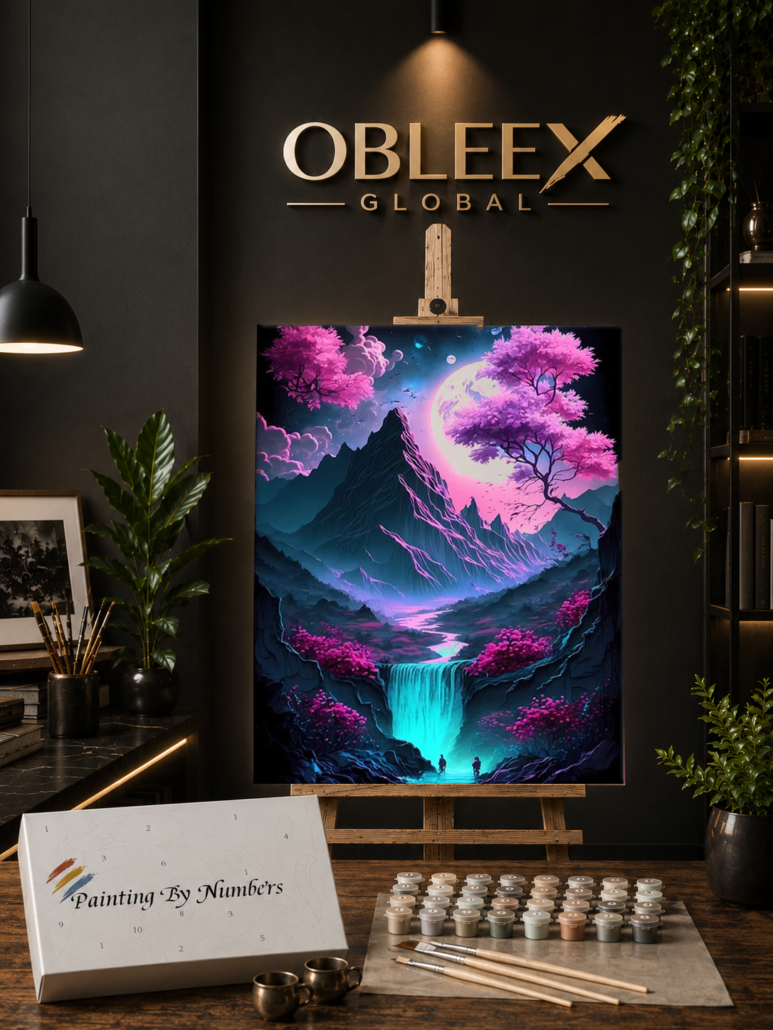 Neon Waterfall Realm - Professional Paint by Numbers Kit by OBLEEX