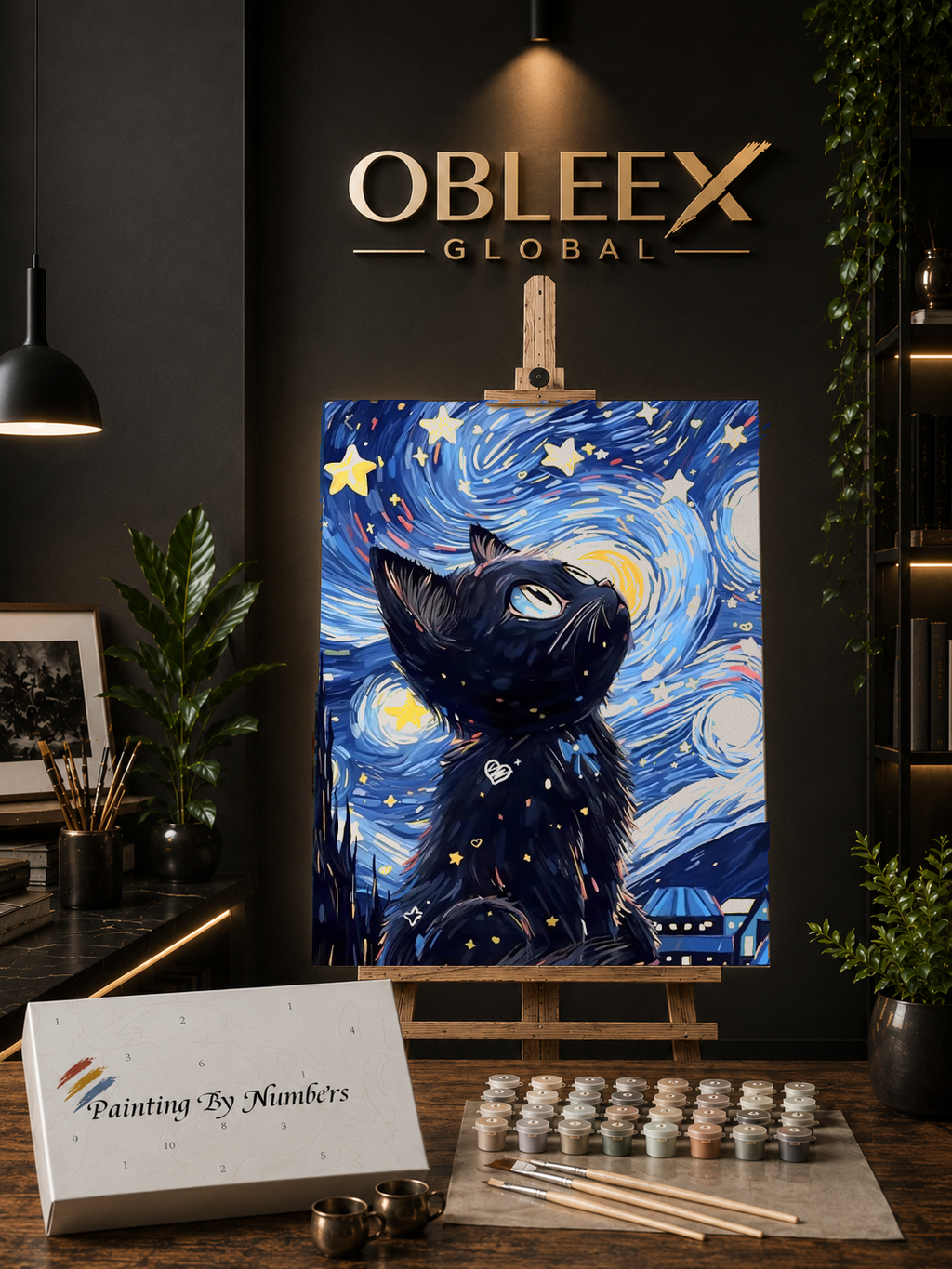 Starry Night Black Cat - Professional Paint by Numbers Kit by OBLEEX